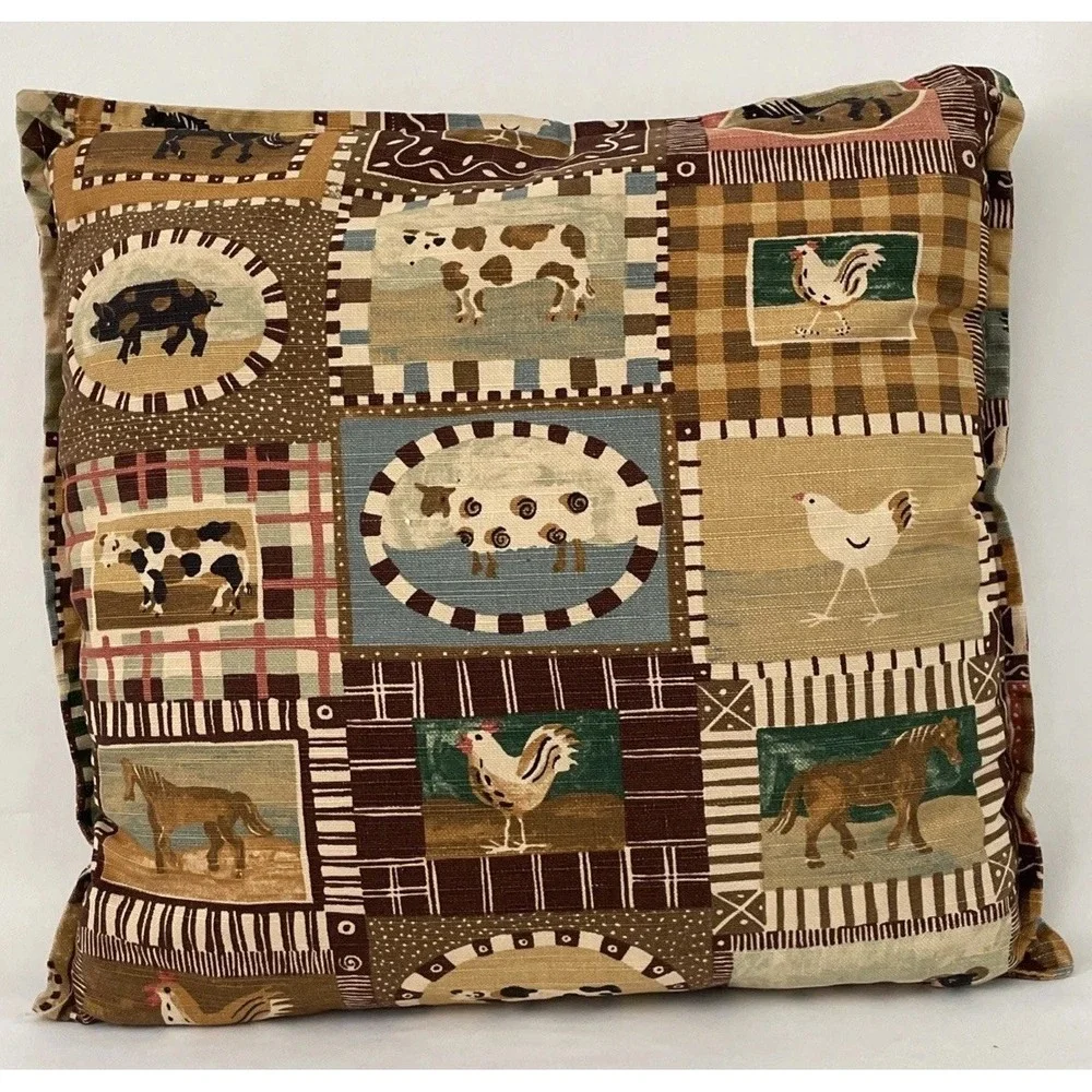 Throw Pillow Farmhouse Cows Sheep Horses Country Farm Folk Art Americano